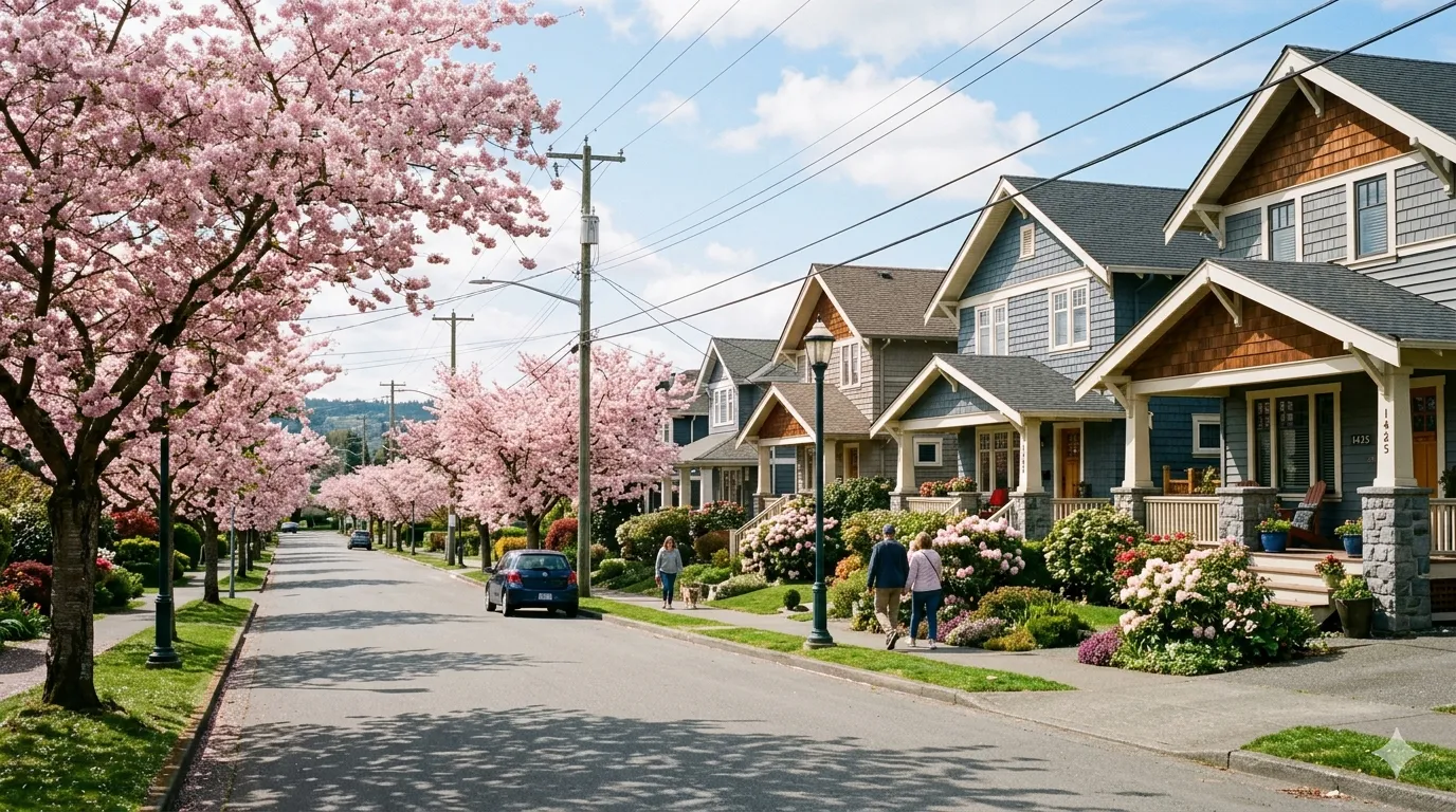 Victoria BC neighbourhood with cherry blossoms